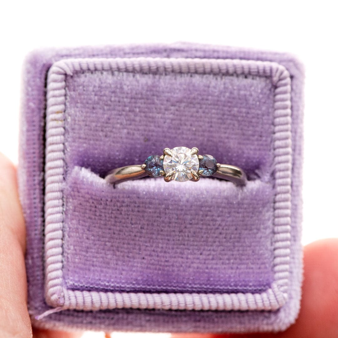 Tracy - Three Stone Diamond Prong Set Engagement Ring with Alexandrite Side Stones