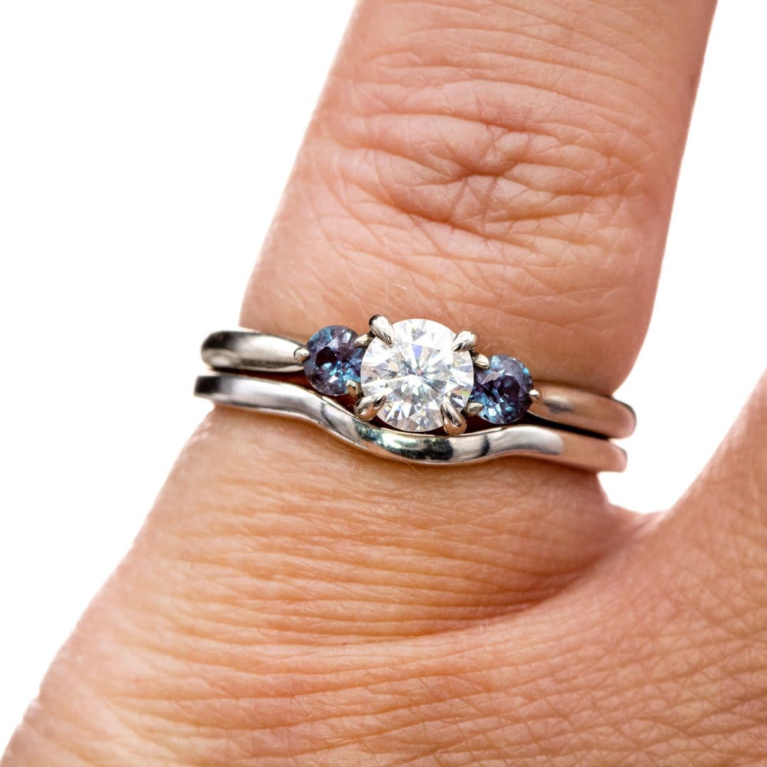 Tracy - Three Stone Diamond Prong Set Engagement Ring with Alexandrite Side Stones
