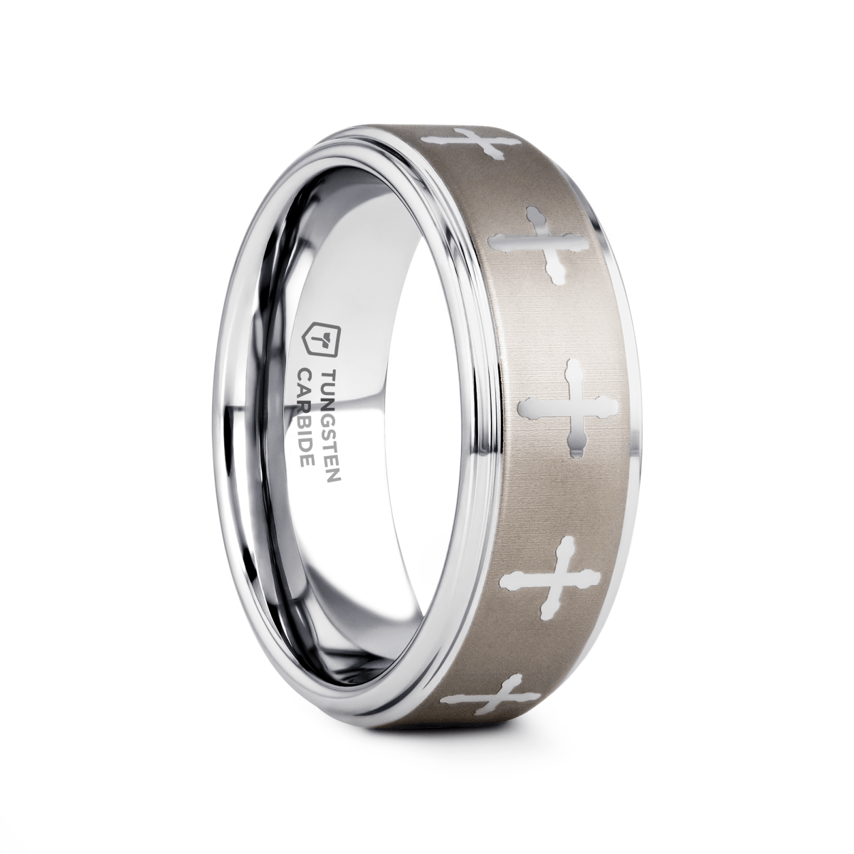 TRIUNE | Tungsten Raised Center Wedding Band, Engraved Crosses, 8mm