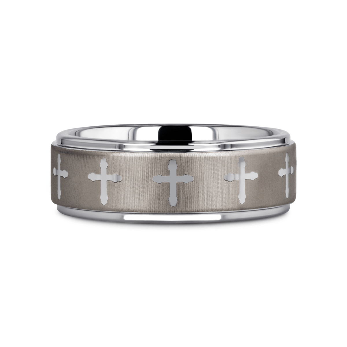 TRIUNE | Tungsten Raised Center Wedding Band, Engraved Crosses, 8mm