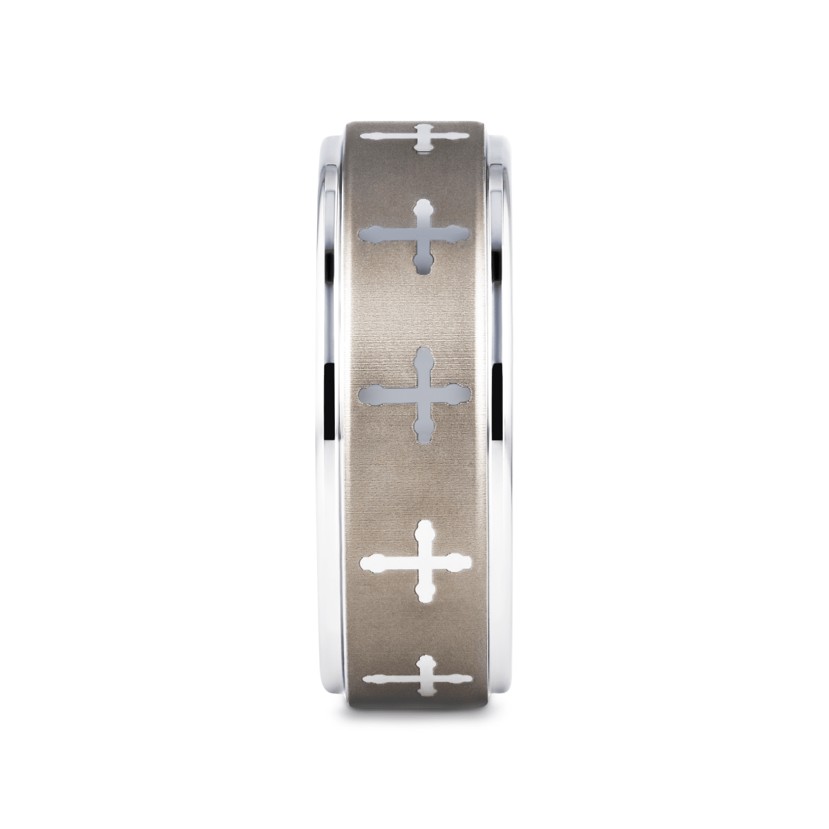 TRIUNE | Tungsten Raised Center Wedding Band, Engraved Crosses, 8mm