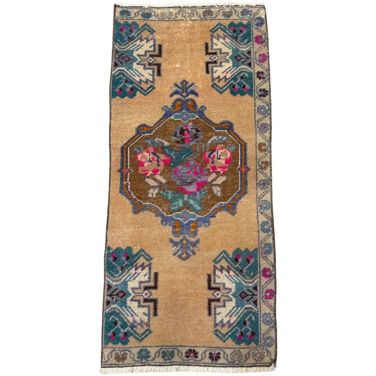Vintage Turkish Mini Rug 3’4.5” x 1’6” | Peach, Turquoise & Fuchsia Medallion Rug
