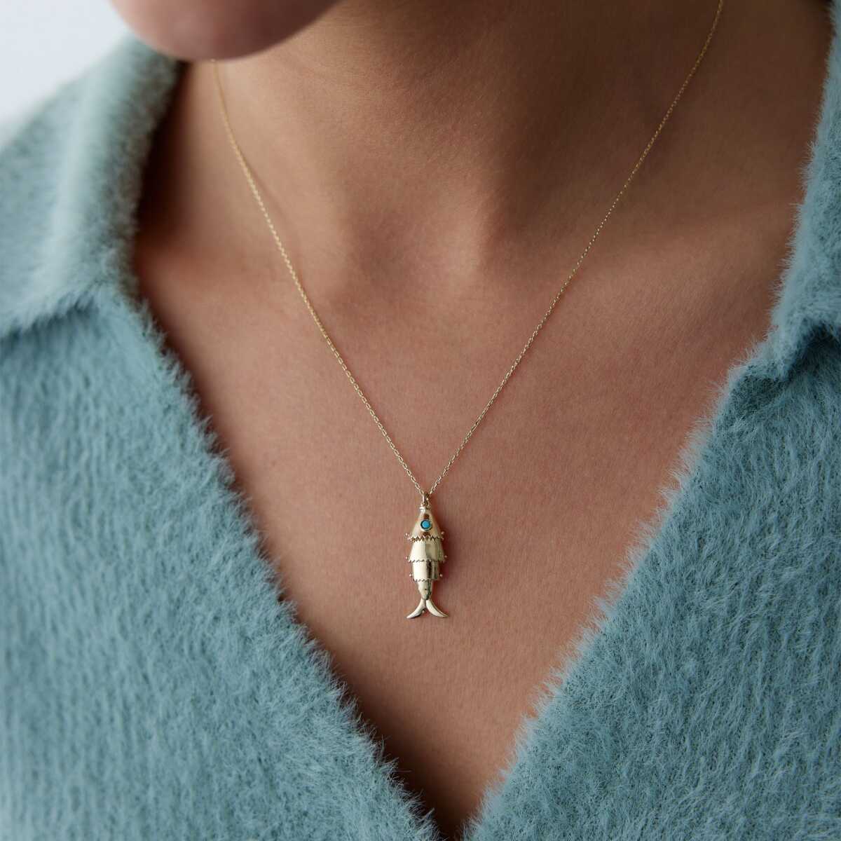 14k Gold Turquoise Eye Fish Necklace