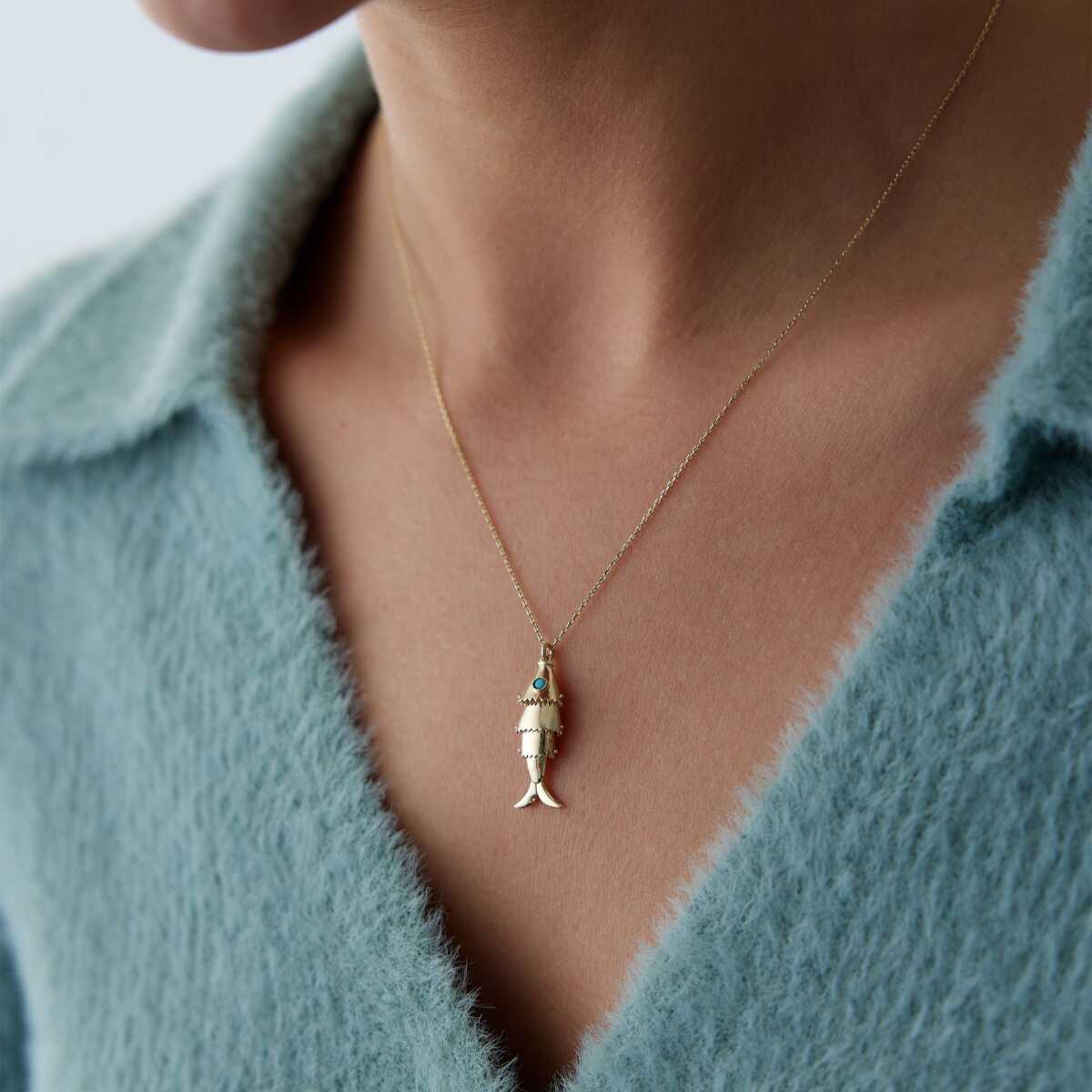 14k Gold Turquoise Eye Fish Necklace