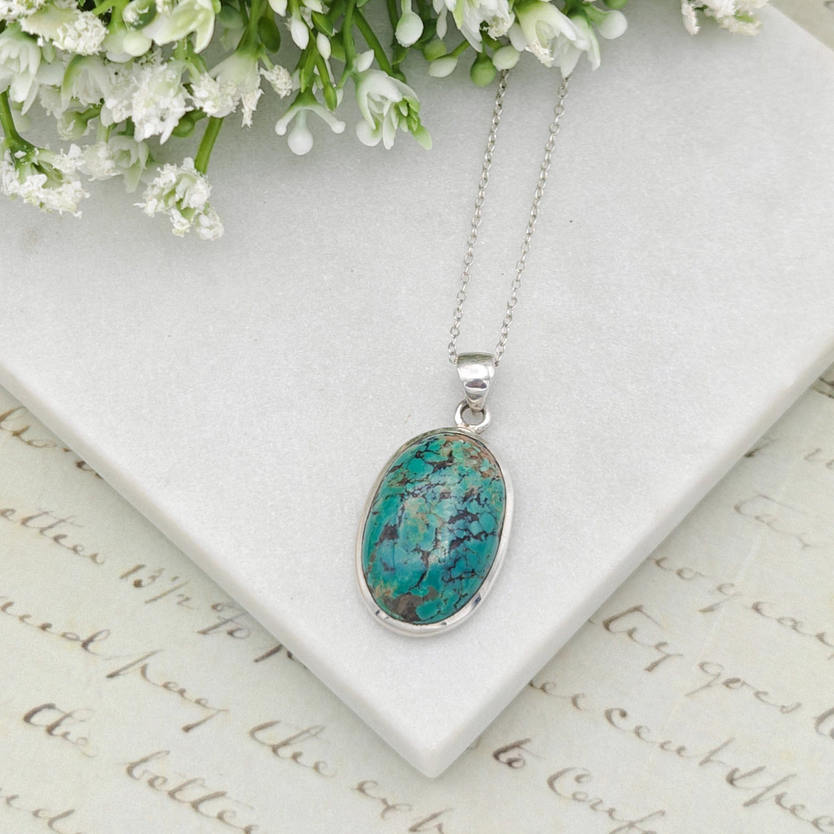 Turquoise Gemstone Pendant | December Gift | 25mm Oval | Sterling Silver