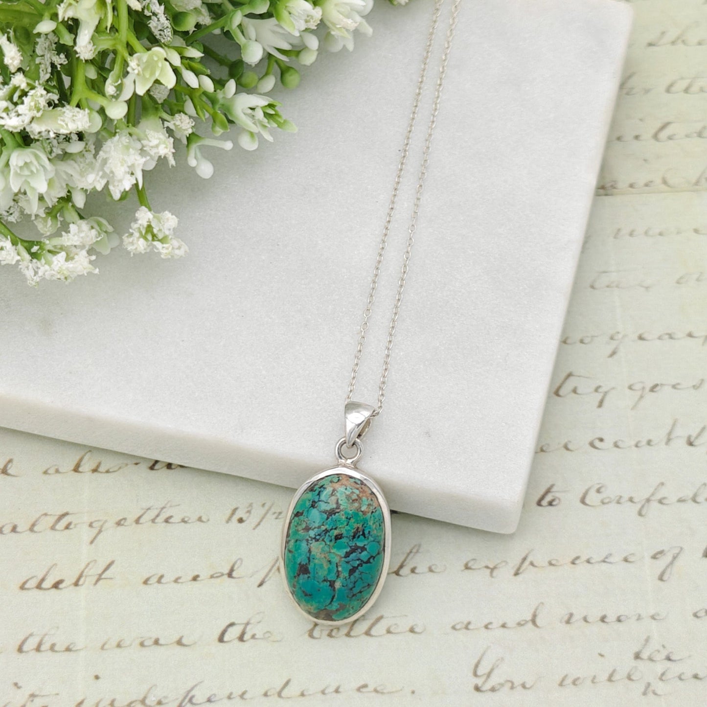 Turquoise Gemstone Pendant | December Gift | 25mm Oval | Sterling Silver
