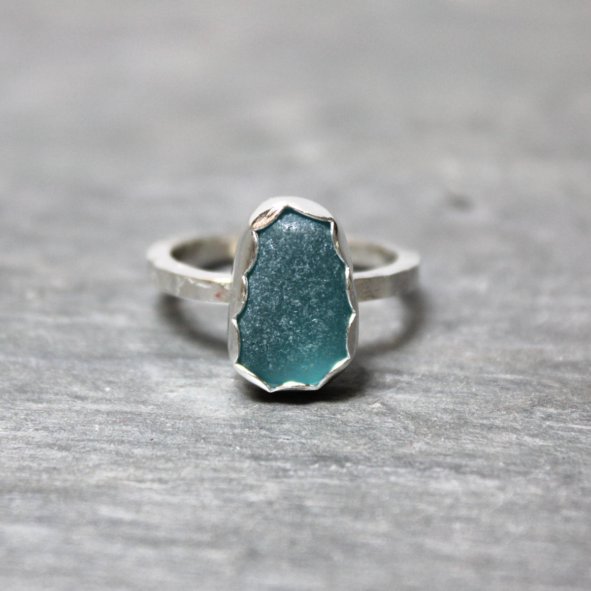 Dark Turquoise Blue Sea Glass Ring • Handmade • Sterling Silver • Beach Jewelry • Size 8.5