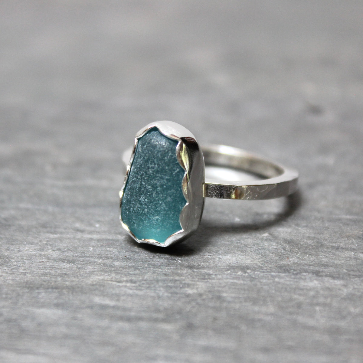 Dark Turquoise Blue Sea Glass Ring • Handmade • Sterling Silver • Beach Jewelry • Size 8.5