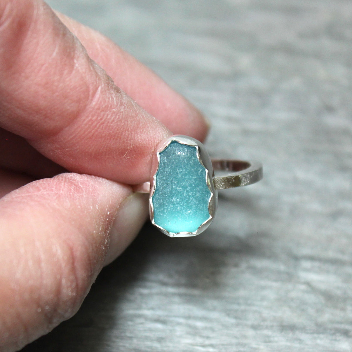 Dark Turquoise Blue Sea Glass Ring • Handmade • Sterling Silver • Beach Jewelry • Size 8.5