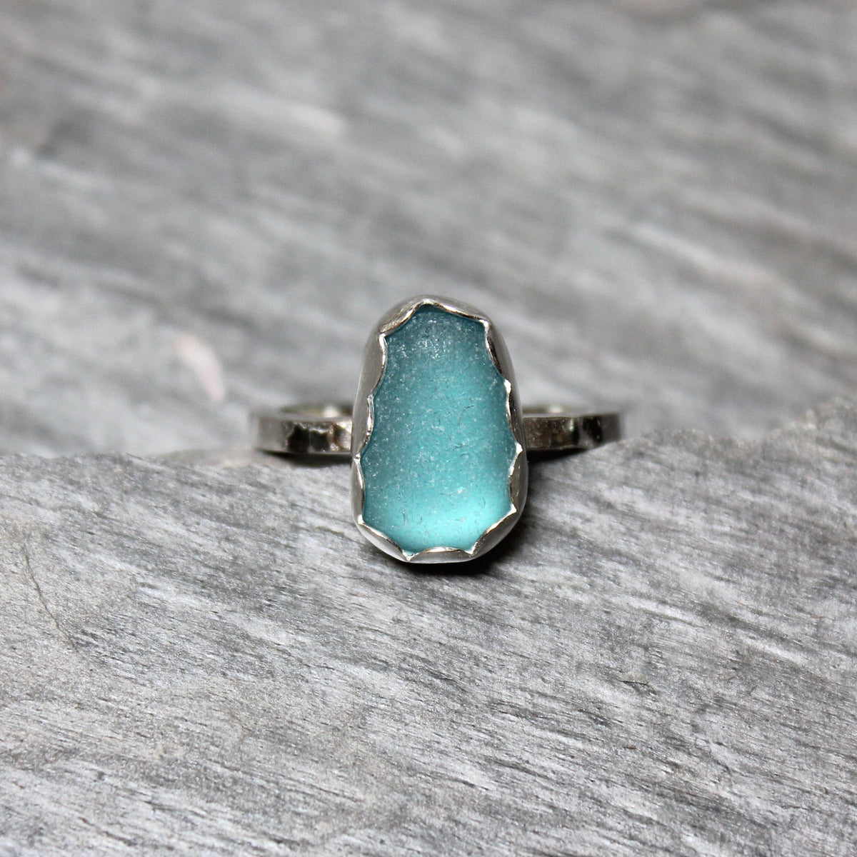 Dark Turquoise Blue Sea Glass Ring • Handmade • Sterling Silver • Beach Jewelry • Size 8.5