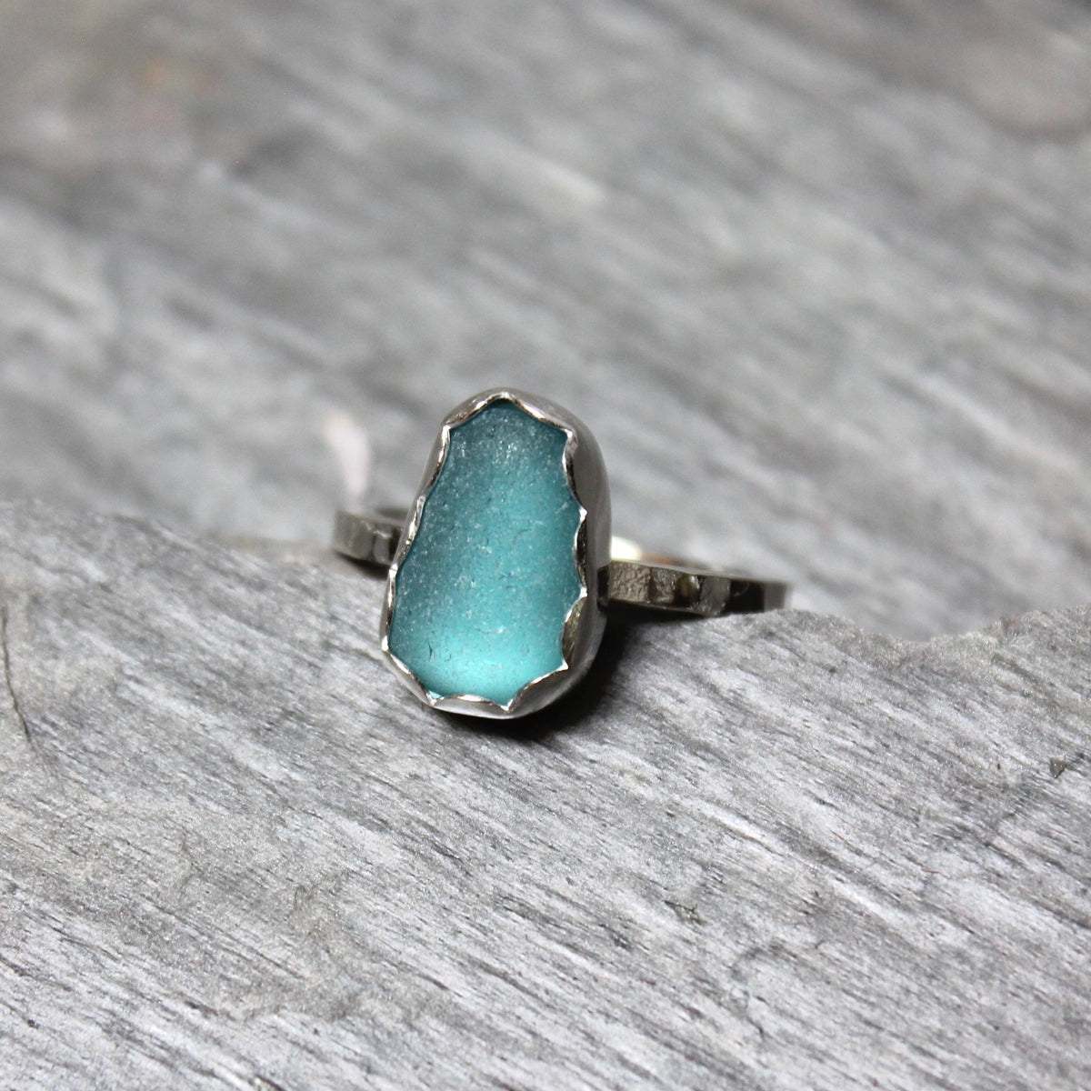 Dark Turquoise Blue Sea Glass Ring • Handmade • Sterling Silver • Beach Jewelry • Size 8.5
