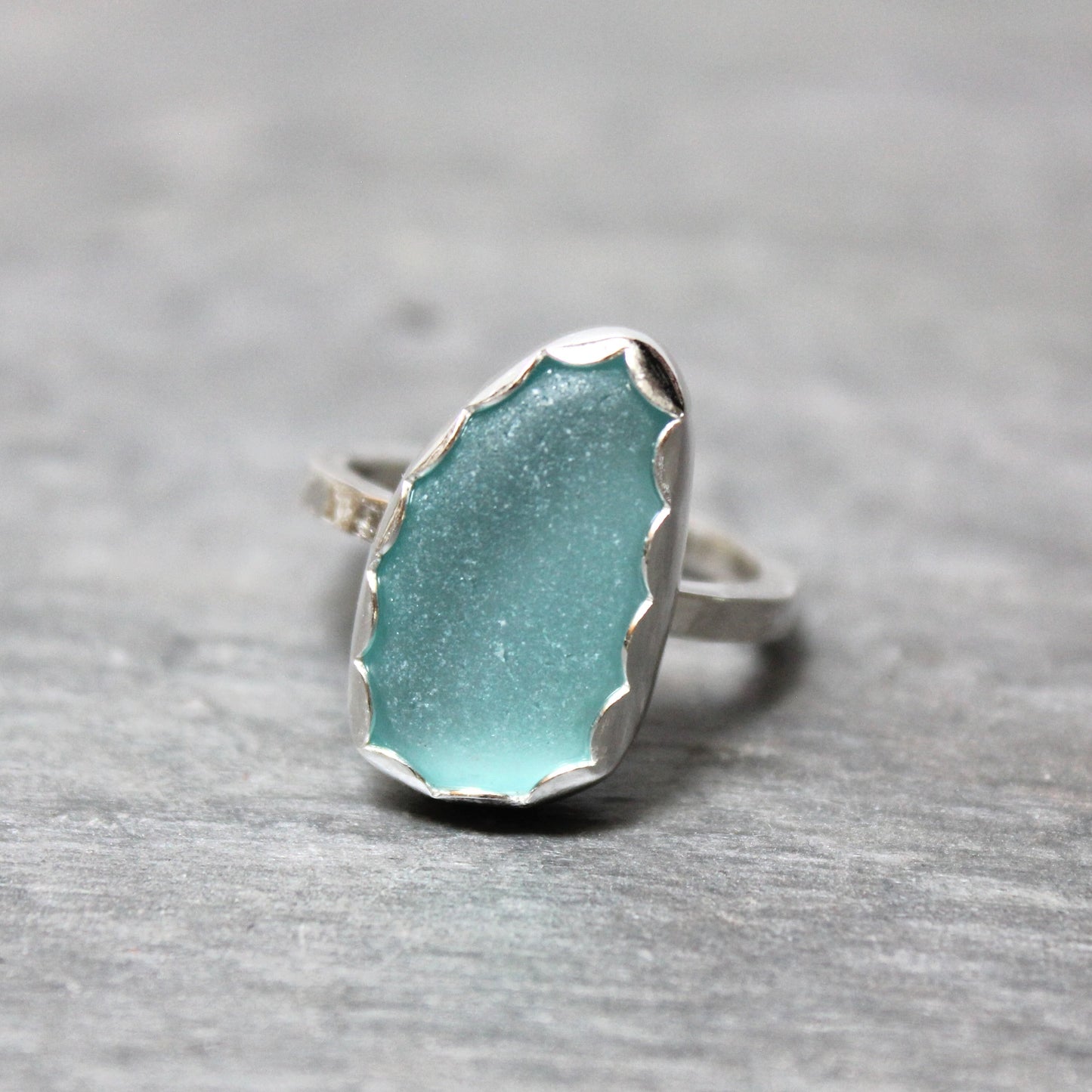 Large Dark Turquoise Blue Sea Glass Ring • Handmade • Sterling Silver • Beach Jewelry • Size 8.5
