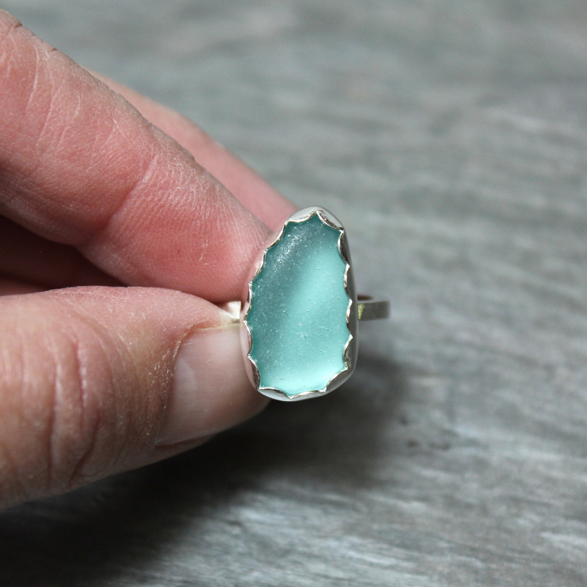 Large Dark Turquoise Blue Sea Glass Ring • Handmade • Sterling Silver • Beach Jewelry • Size 8.5