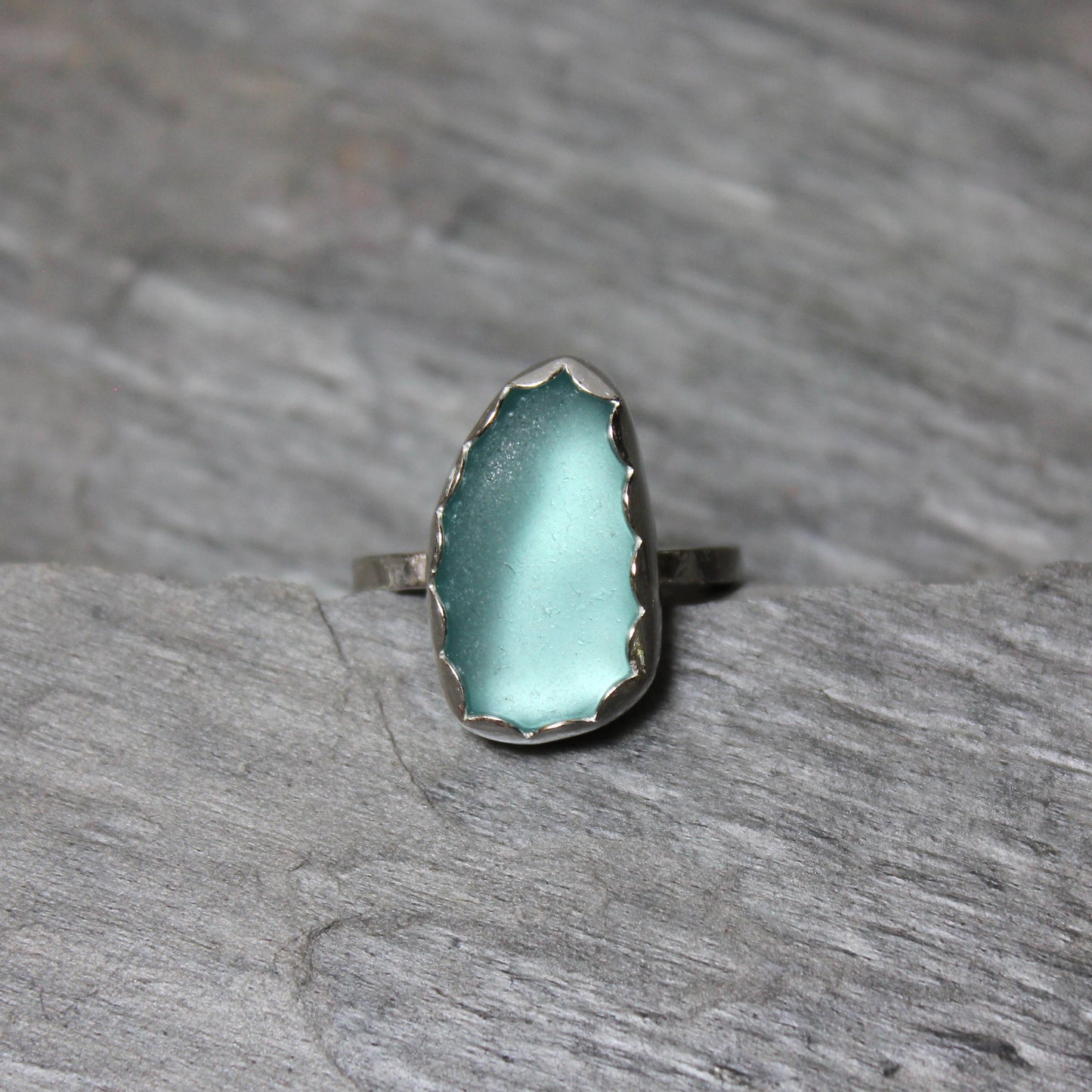 Large Dark Turquoise Blue Sea Glass Ring • Handmade • Sterling Silver • Beach Jewelry • Size 8.5