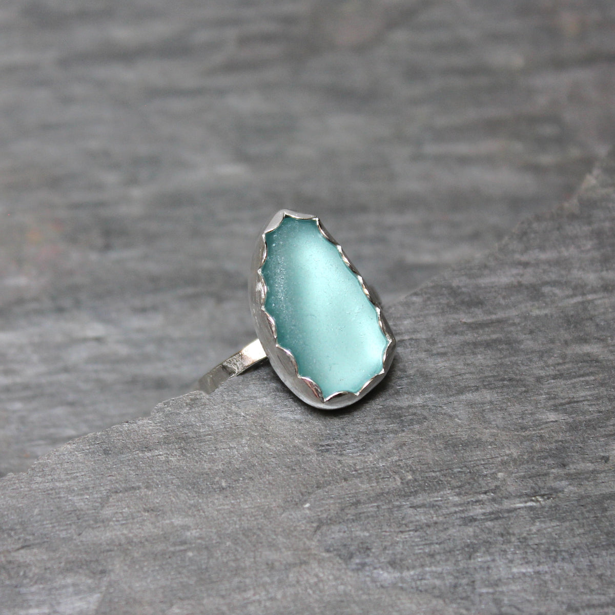 Large Dark Turquoise Blue Sea Glass Ring • Handmade • Sterling Silver • Beach Jewelry • Size 8.5