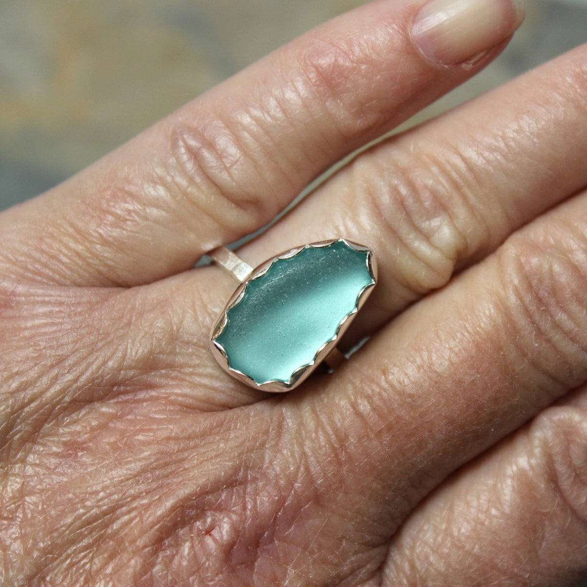 Large Dark Turquoise Blue Sea Glass Ring • Handmade • Sterling Silver • Beach Jewelry • Size 8.5