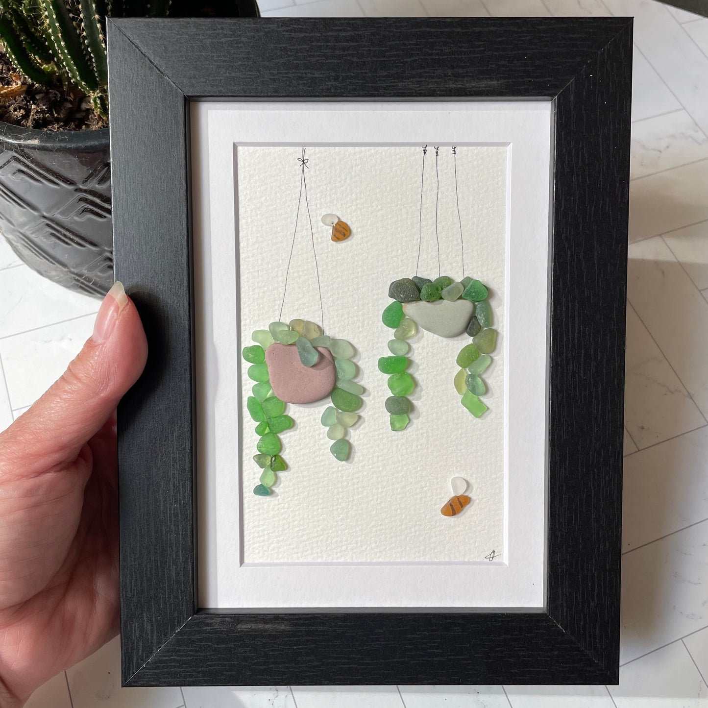 Hanging Plant Sea Glass Wall Art | Framed 5x7 Wall Decor | Handmade Beach Gift for the Plant Lover