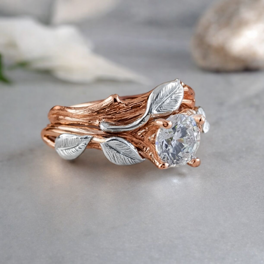 Two Tone Gold Moissanite Engagement Ring Set: Custom Leaf & Twig Bridal Rings