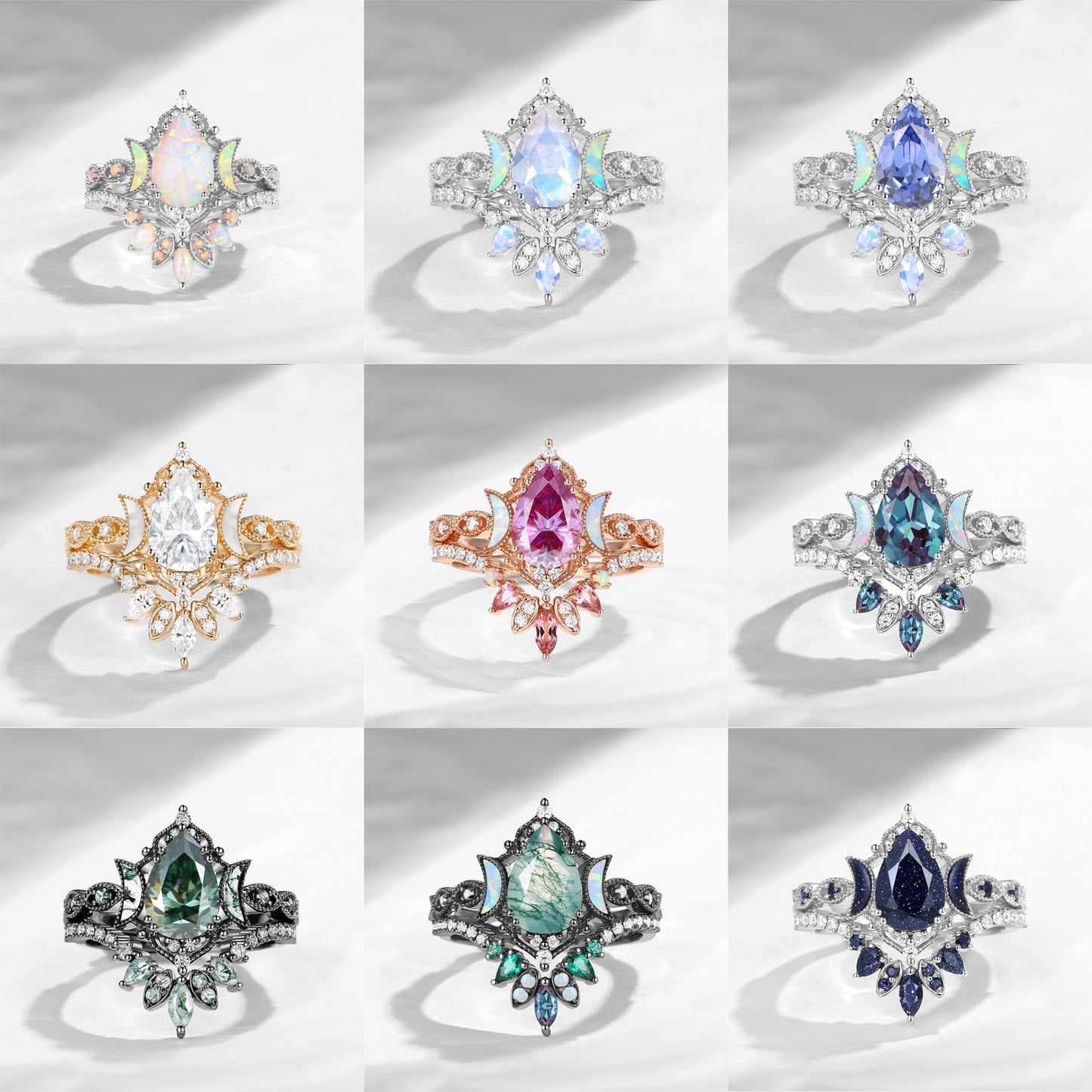 Crescent Moon | Pear Cut Lab Blue Diamond & Opal Moon 'Ultra Galaxy' Engagement Ring Set 2pcs