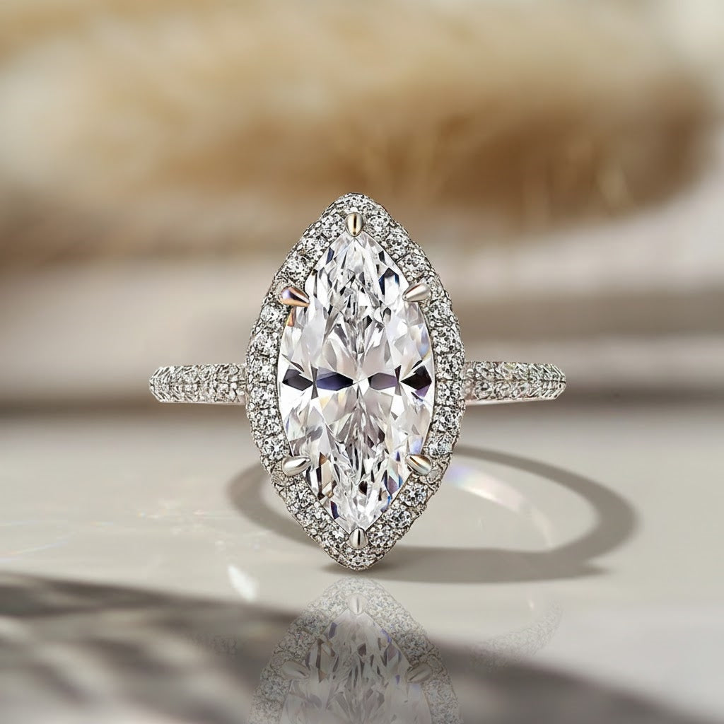 Luxurious Halo Marquise Cut 3.0ct Engagement Ring In Sterling Silver