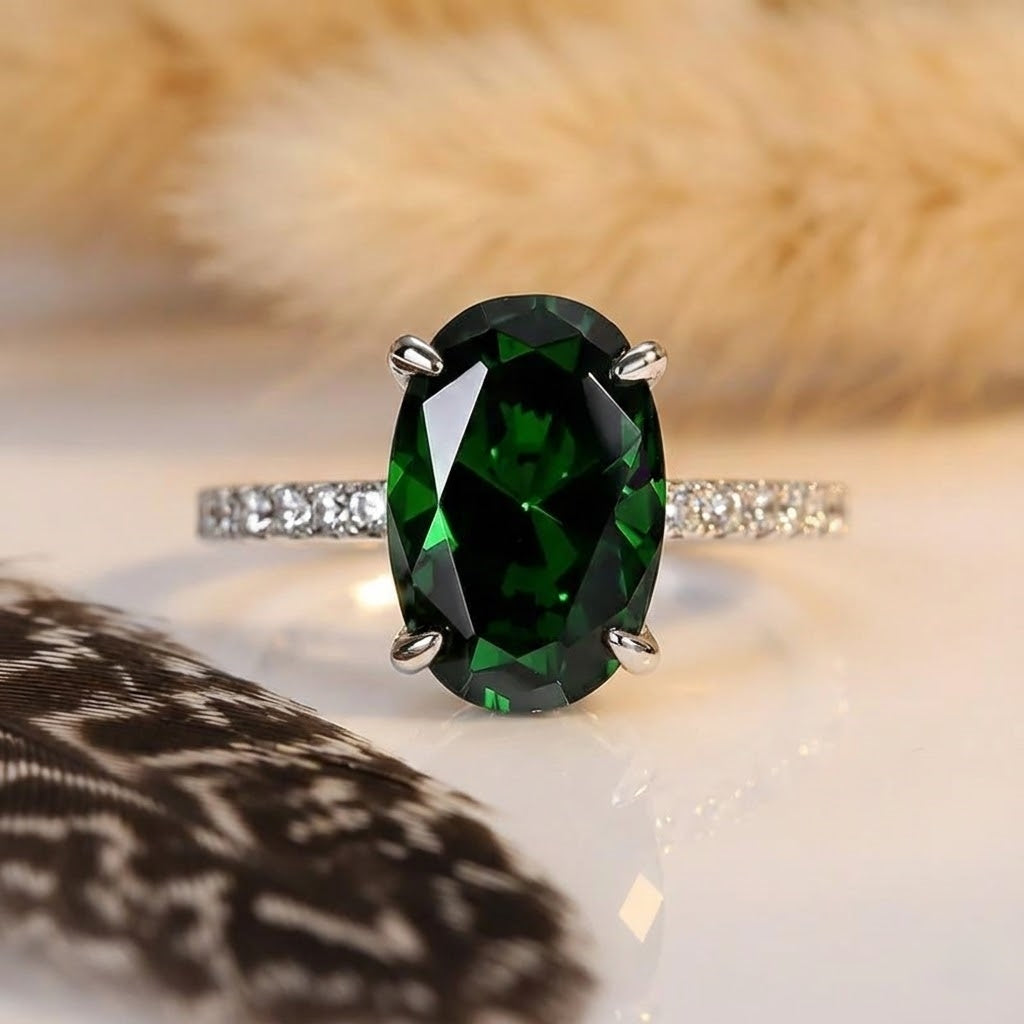 Classic Oval Cut 3.5ct Emerald Green Hidden Halo Engagement Ring In Sterling Silver