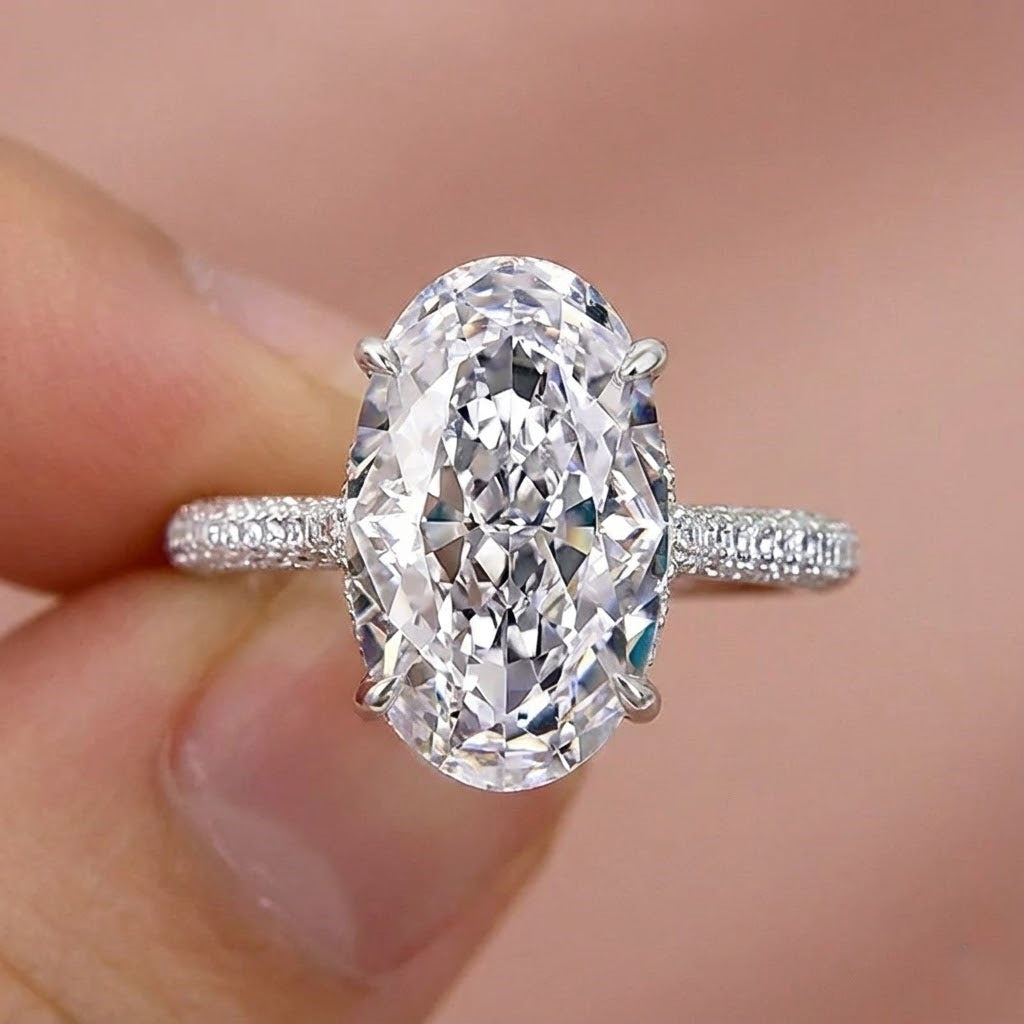 Intricate Pave Oval Cut 4.0ct Engagement Ring In Sterling Silver