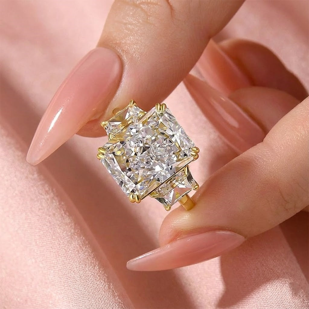 Glazed Radiant Cut 8.0ct Three Stone Engagement Ring In Sterling Silver
