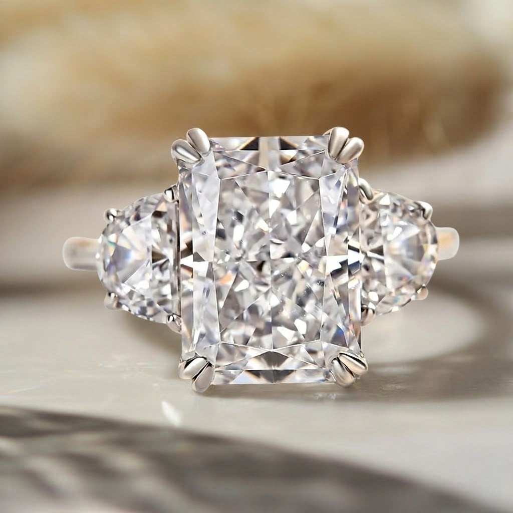 Lavish Radiant Cut 5.0ct Three Stone Engagement Ring In Sterling Silver