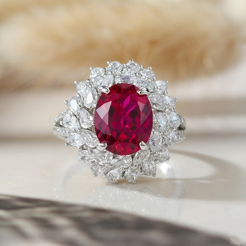 Gorgeous Flower Shape 3.0ct Oval Cut Ruby Engagement Ring