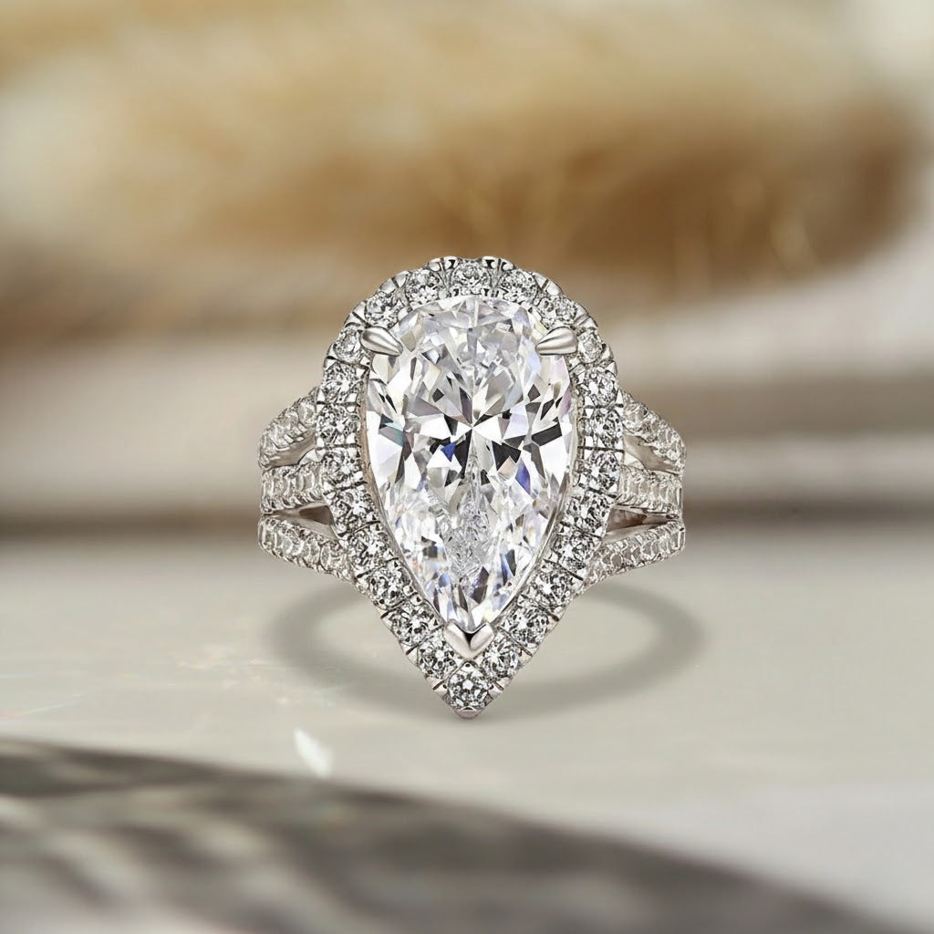 Vintage 4.5ct Split Shank Halo Pear Cut Engagement Ring In Sterling Silver