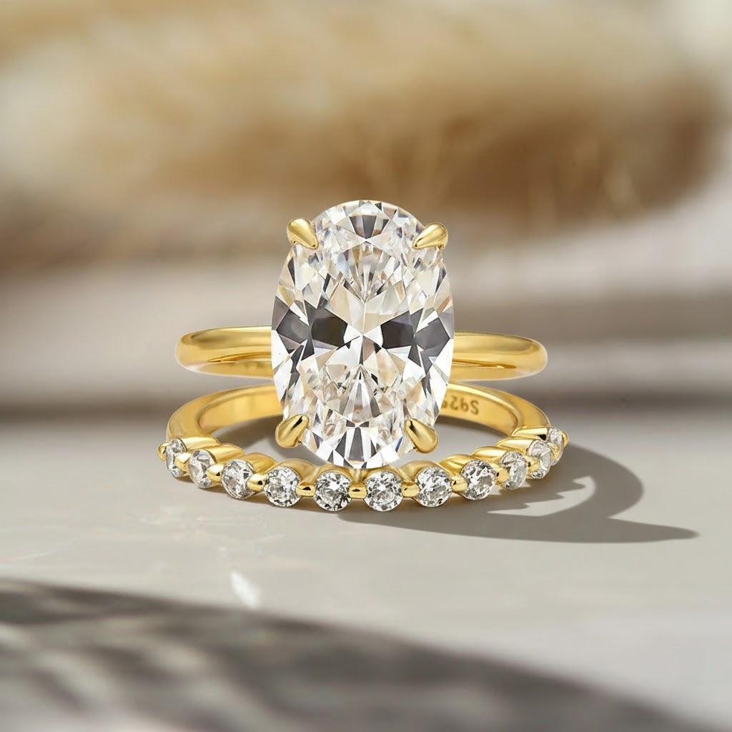 Brilliant Oval Cut 4.0ct Hidden Halo 925 Sterling Silver Wedding Ring Set