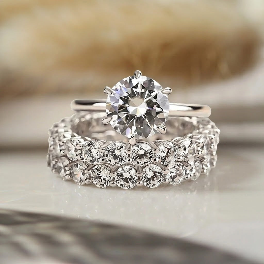 Charming Round Cut 1.0 ct 3PC Ring 925 Sterling Silver Wedding Ring Set