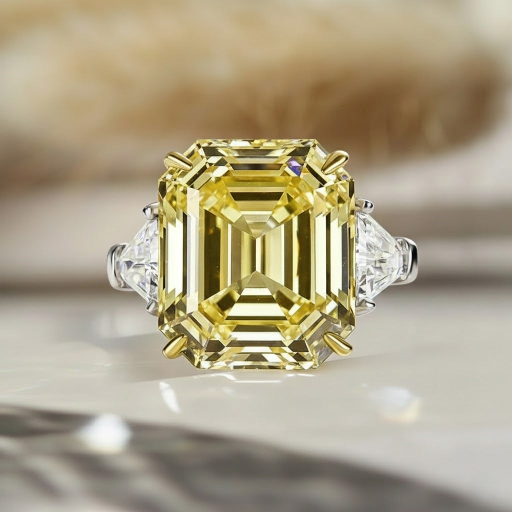 Deluxe Assher Cut 12.0ct Yellow Stone Three Stone Engagement Ring In Sterling Silver