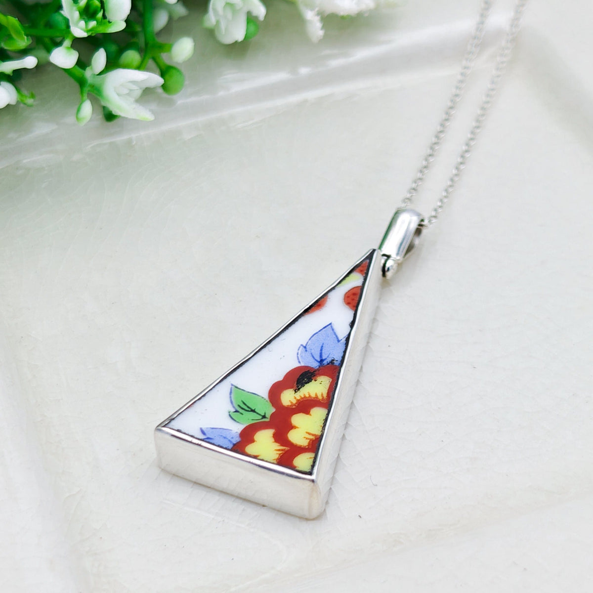 Upcycled Japanese Imari Pendant | 35mm Triangle | 18th wedding gift |  Sterling Silver