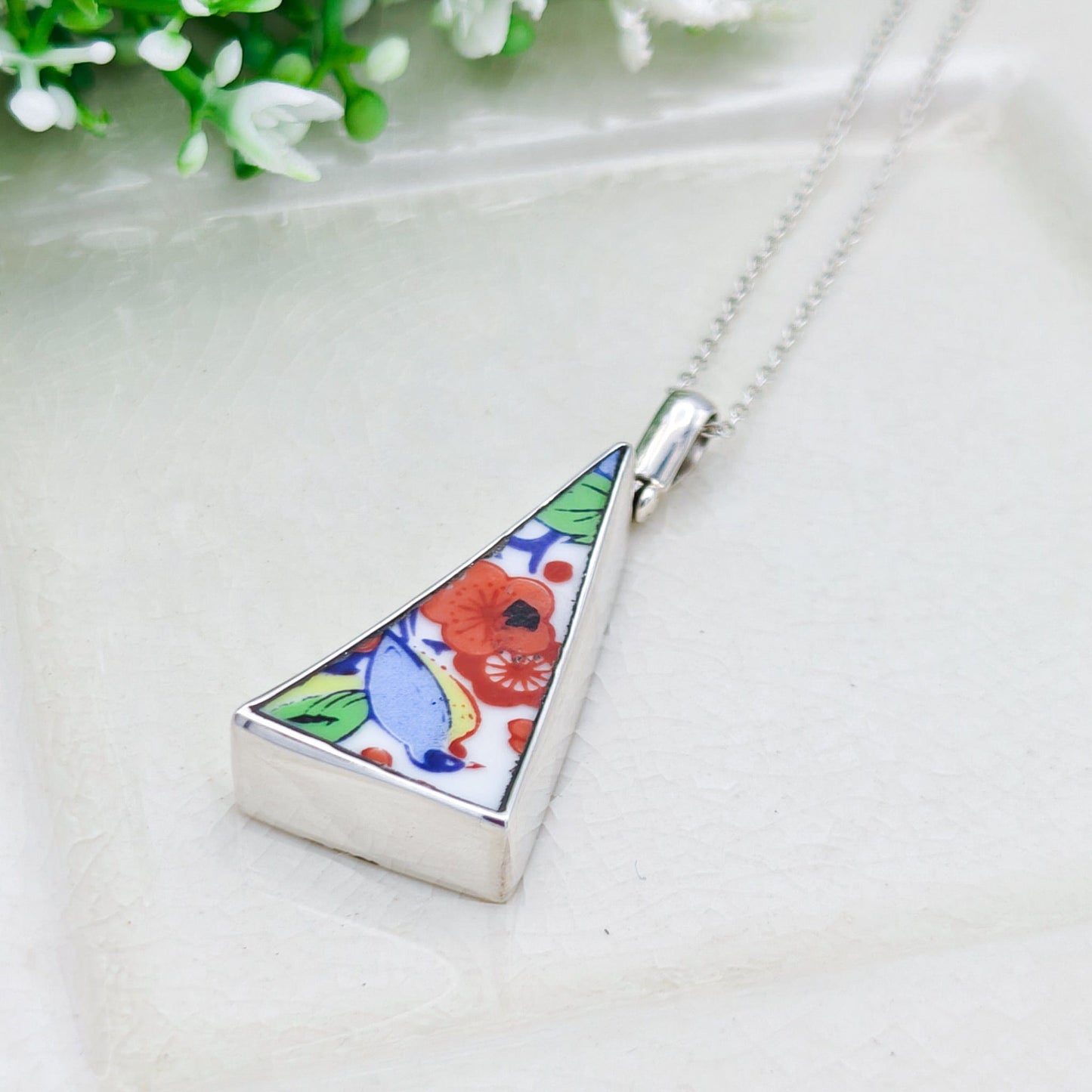 Upcycled Japanese Imari Pendant | 35mm Triangle | 18th wedding gift |  Sterling Silver
