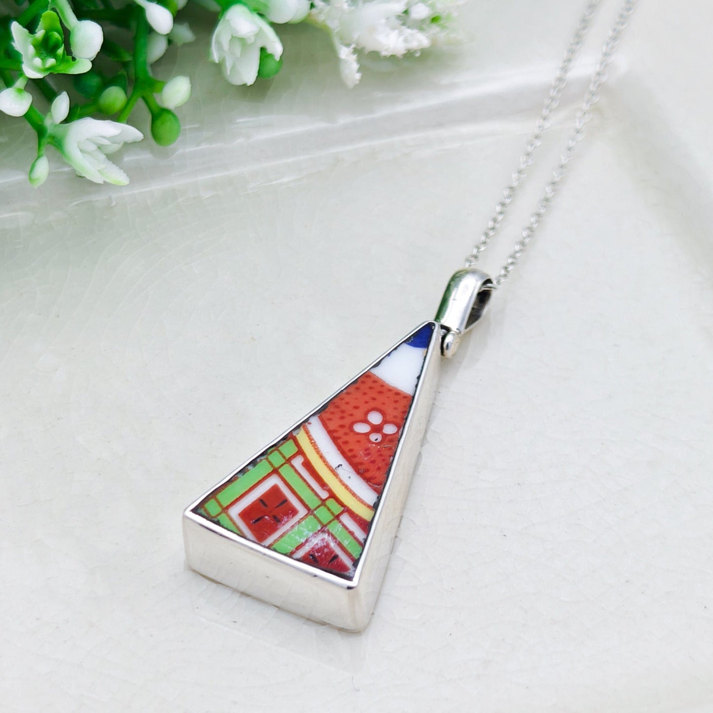 Upcycled Japanese Imari Pendant | 35mm Triangle | 18th wedding gift |  Sterling Silver