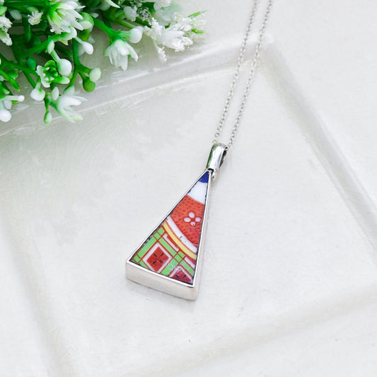 Upcycled Japanese Imari Pendant | 35mm Triangle | 18th wedding gift |  Sterling Silver