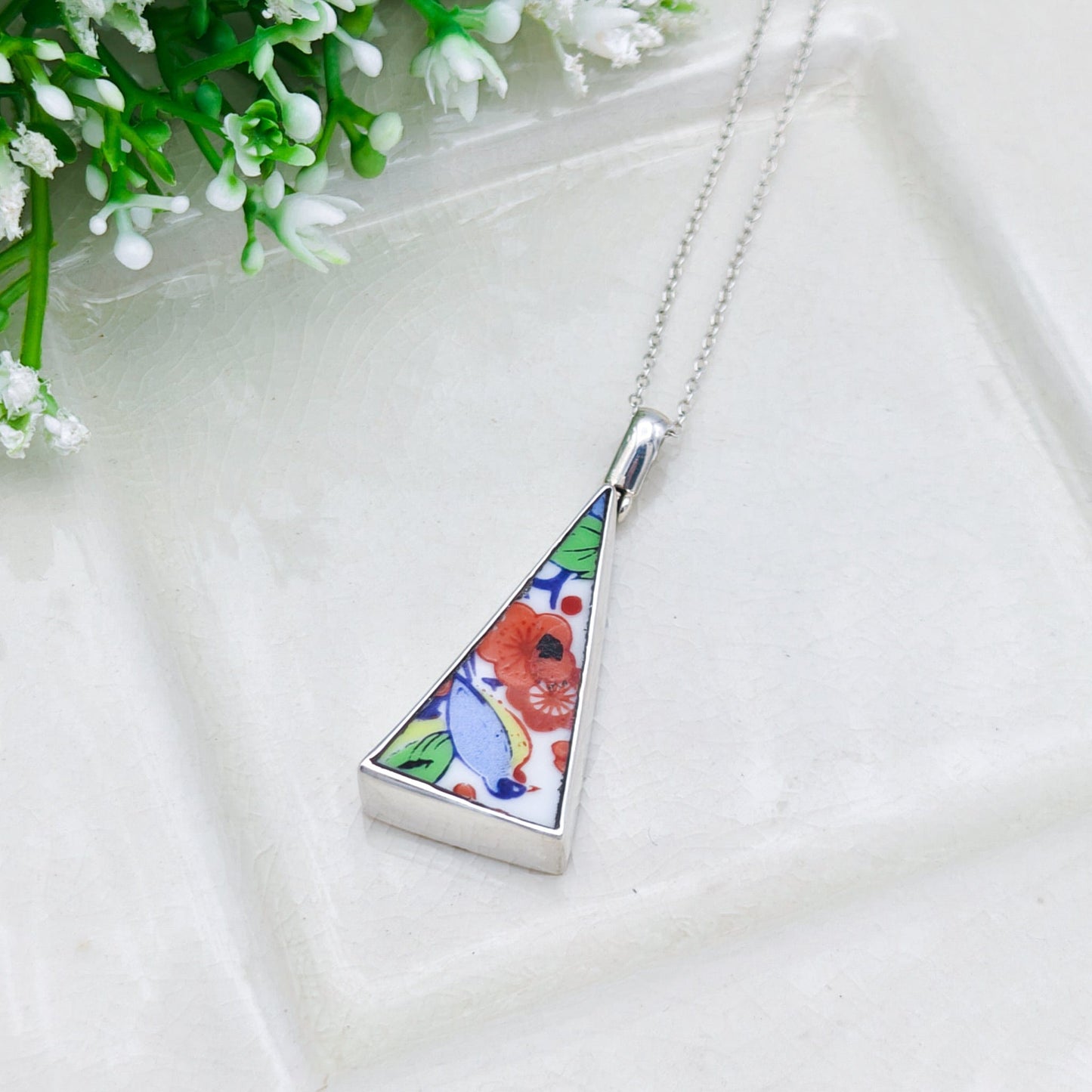 Upcycled Japanese Imari Pendant | 35mm Triangle | 18th wedding gift |  Sterling Silver