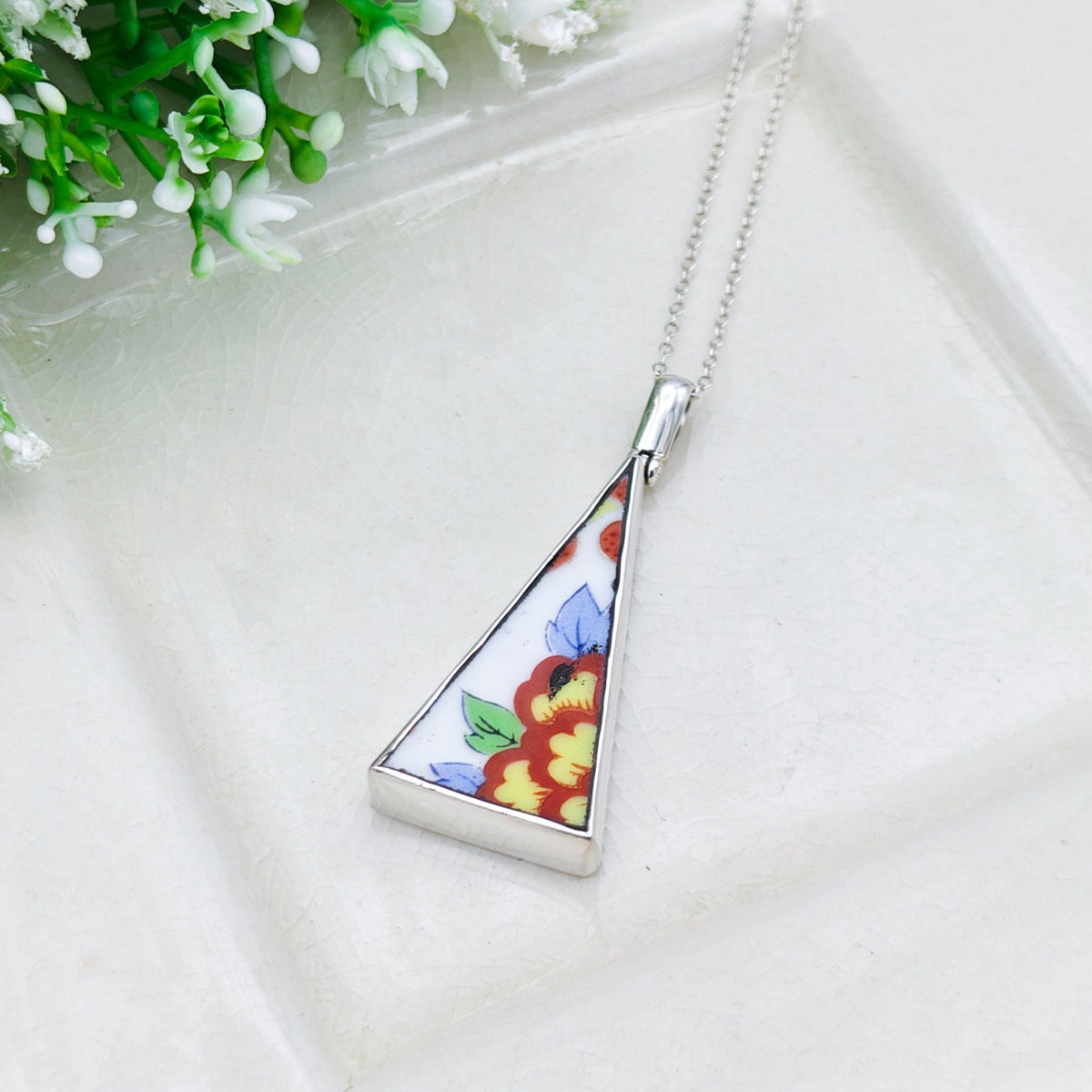 Upcycled Japanese Imari Pendant | 35mm Triangle | 18th wedding gift |  Sterling Silver