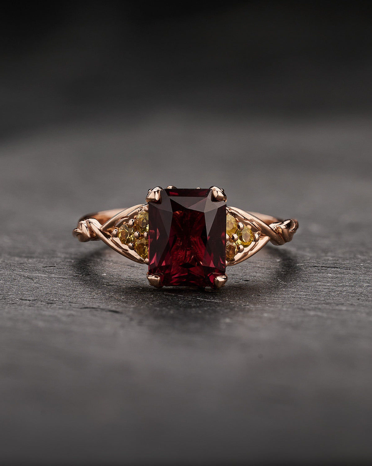 READY TO SHIP Gloria Engagement Ring with Emerald-Cut Rosewood Red Spinel and Accent Yellow Sapphires, 14K rose gold, AVAILABLE RING SIZES: 5.5 - 8.5 US