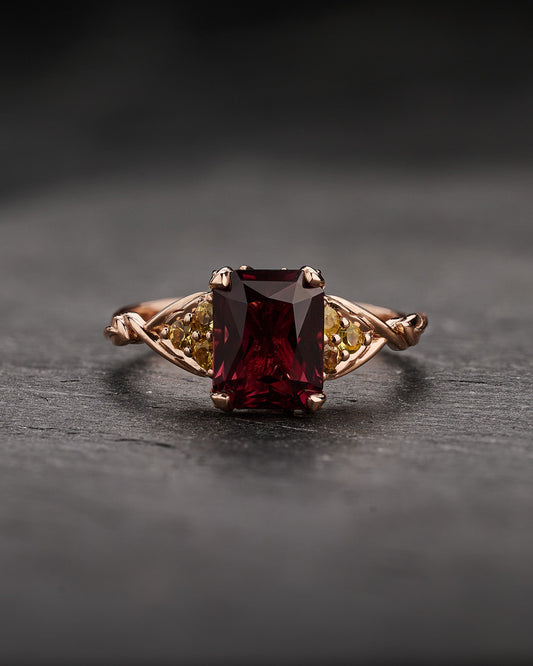 READY TO SHIP Gloria Engagement Ring with Emerald-Cut Rosewood Red Spinel and Accent Yellow Sapphires, 14K rose gold, AVAILABLE RING SIZES: 5.5 - 8.5 US