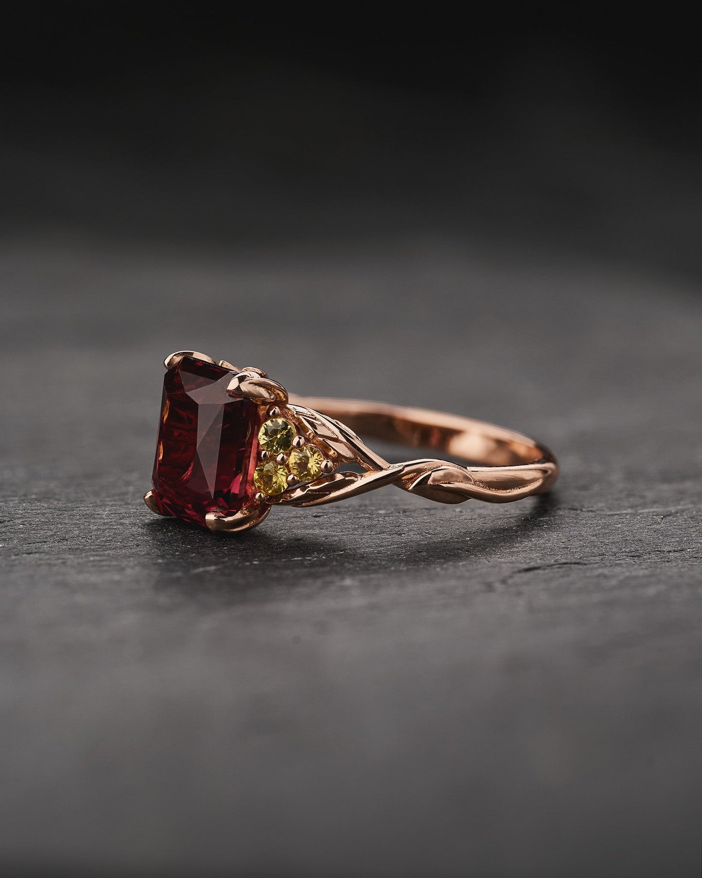 READY TO SHIP Gloria Engagement Ring with Emerald-Cut Rosewood Red Spinel and Accent Yellow Sapphires, 14K rose gold, AVAILABLE RING SIZES: 5.5 - 8.5 US