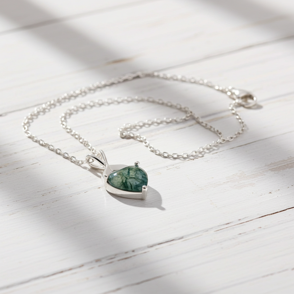 Heart Cut Moss Agate Classic Necklace for Girlfriend - Bryony