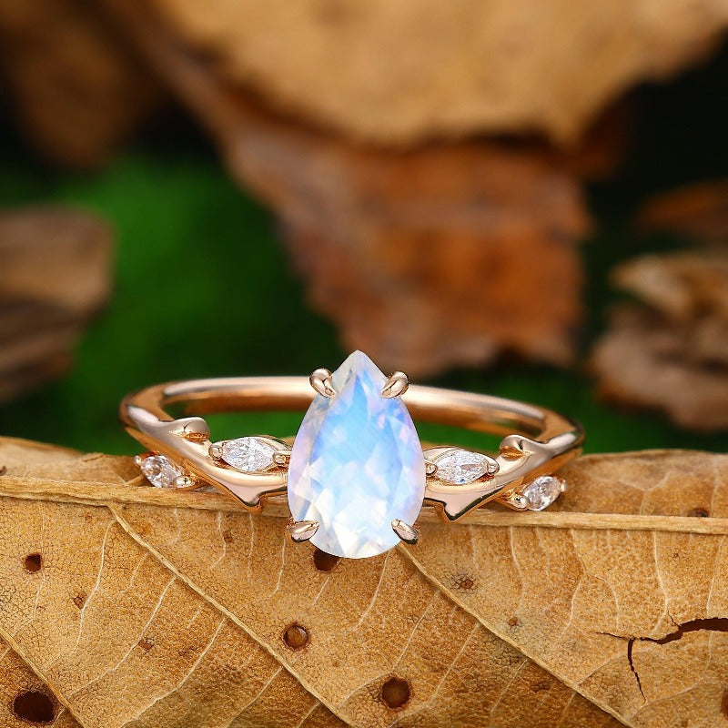 Custom Order - Vintage Pear Shaped Natural Moonstone Engagement Ring Unique 14K Rose Gold