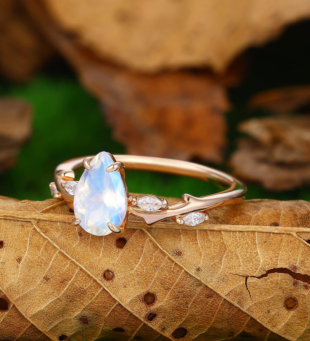 Custom Order - Vintage Pear Shaped Natural Moonstone Engagement Ring Unique 14K Rose Gold