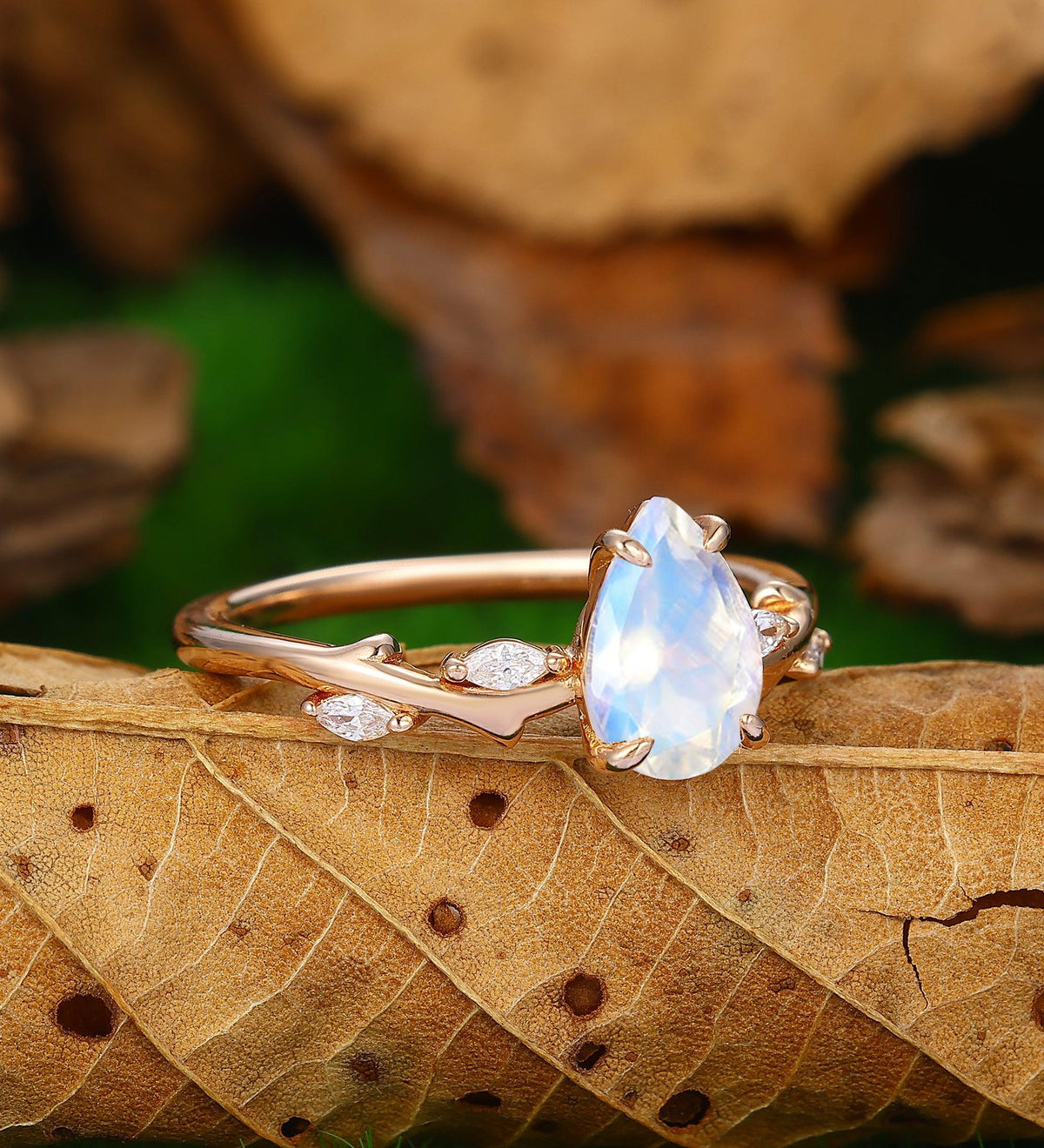 Custom Order - Vintage Pear Shaped Natural Moonstone Engagement Ring Unique 14K Rose Gold
