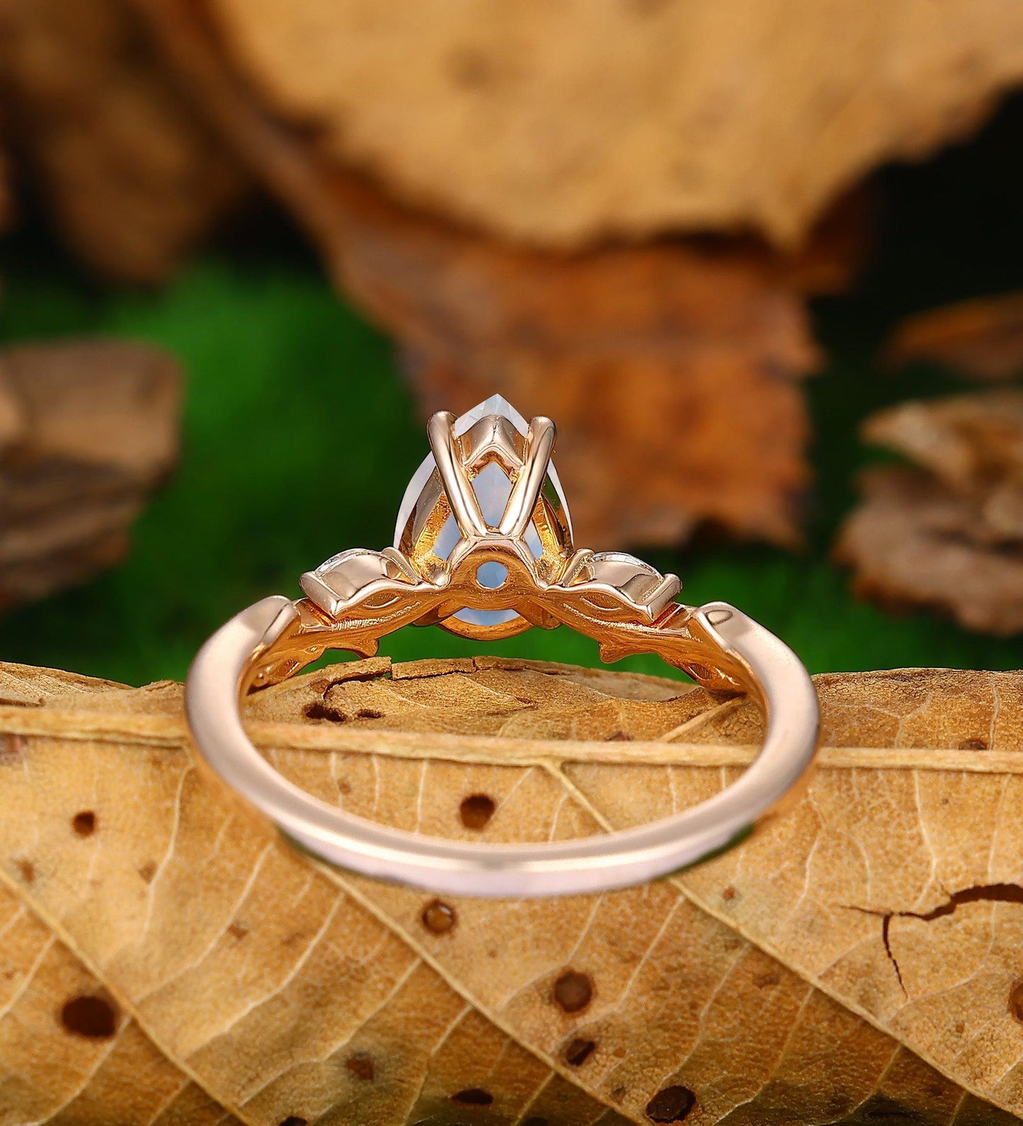 Custom Order - Vintage Pear Shaped Natural Moonstone Engagement Ring Unique 14K Rose Gold