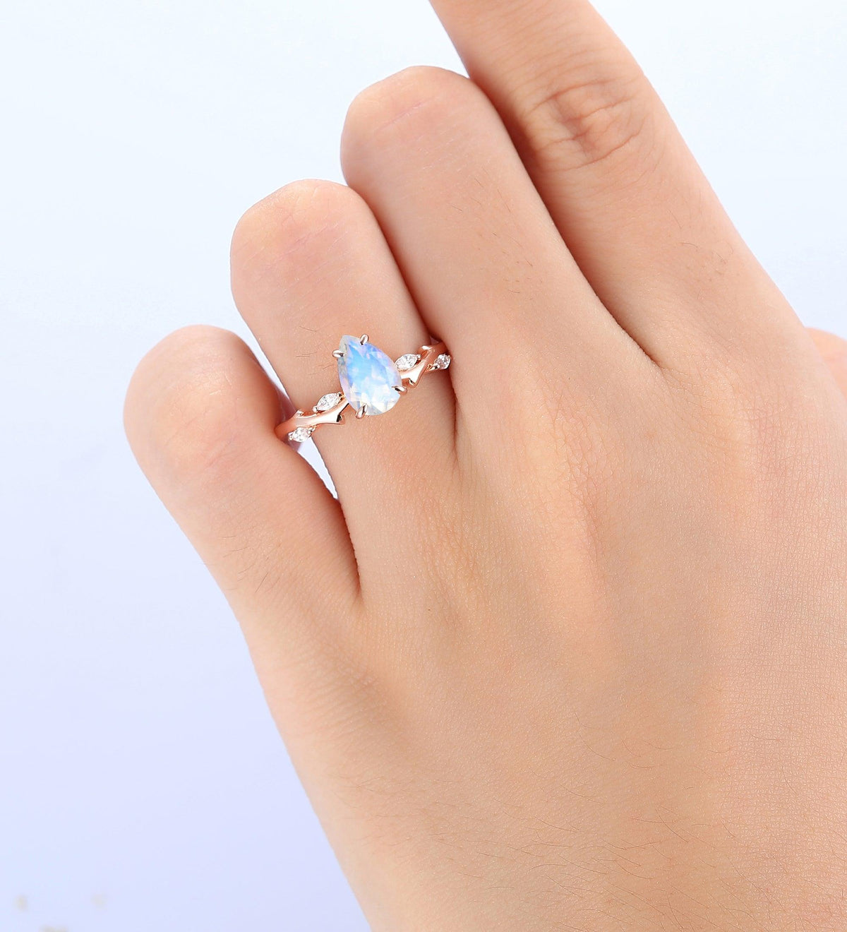 Custom Order - Vintage Pear Shaped Natural Moonstone Engagement Ring Unique 14K Rose Gold