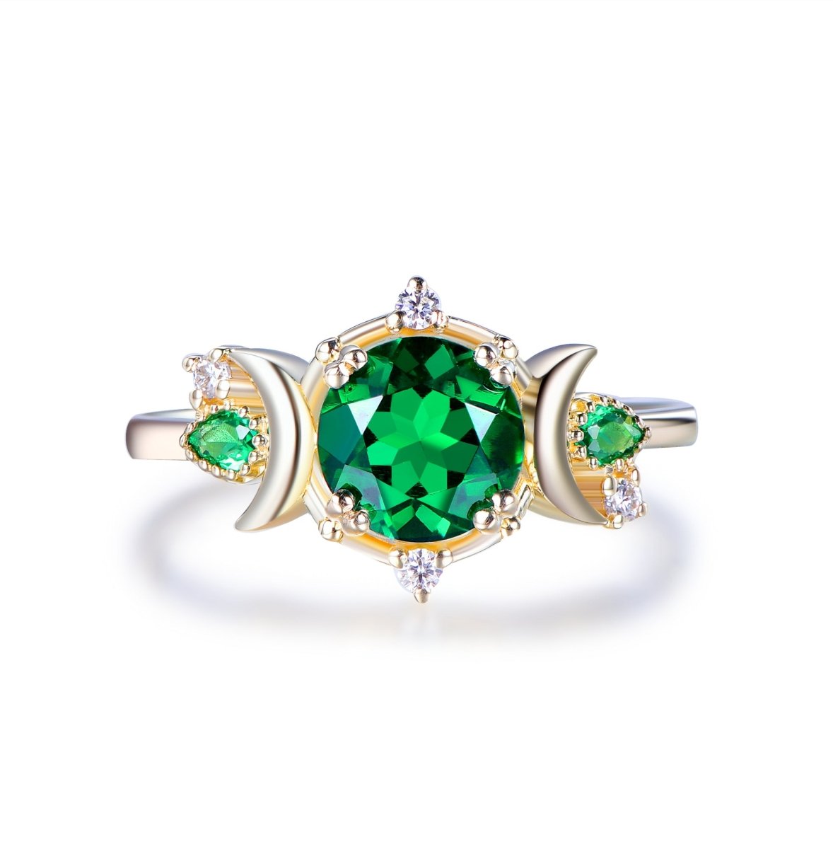 Vintage Round Emerald Crescent Ring 14K Gold