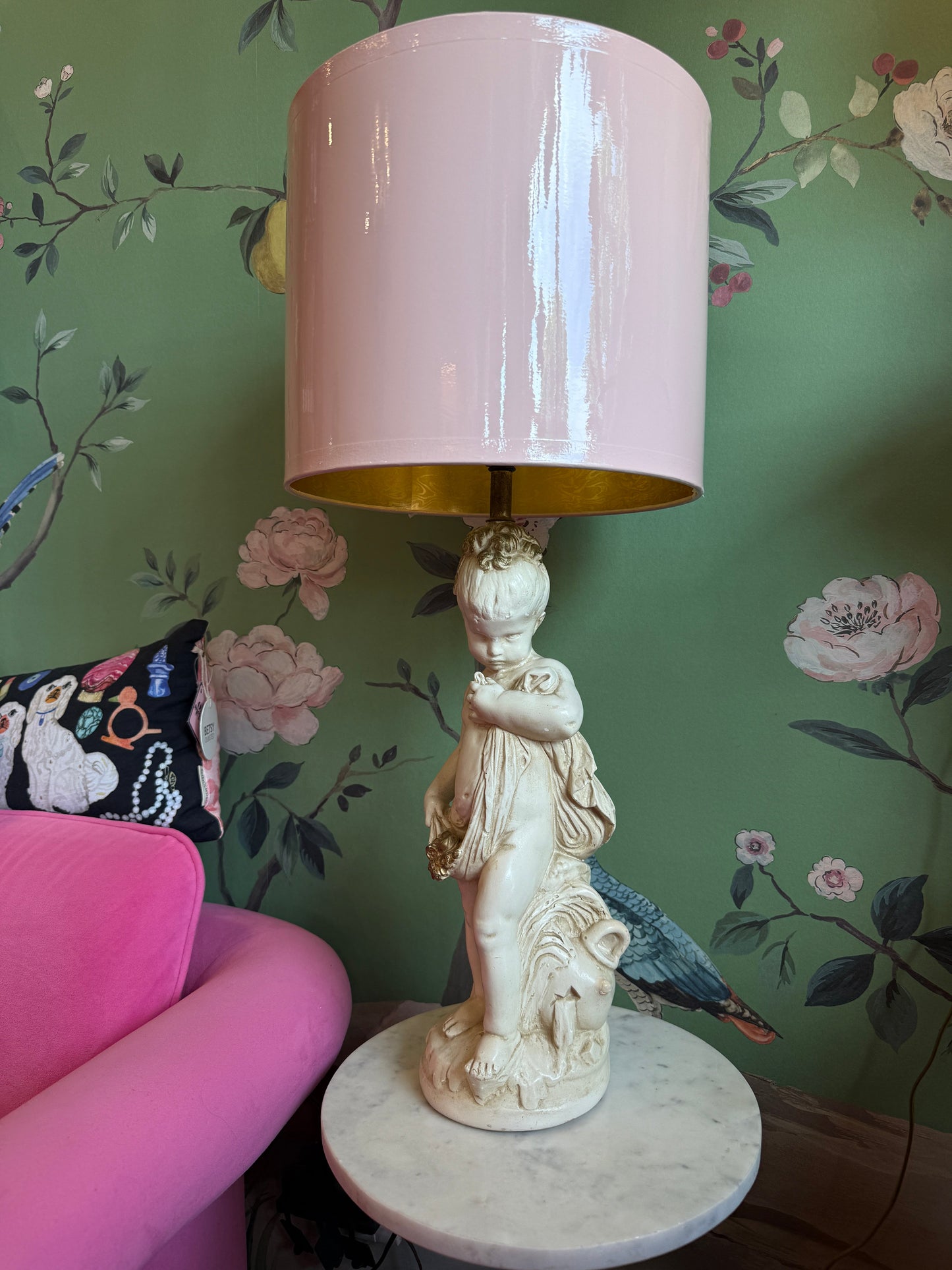 Vintage Cherub Table Lamp with Blush Lacquer Shade